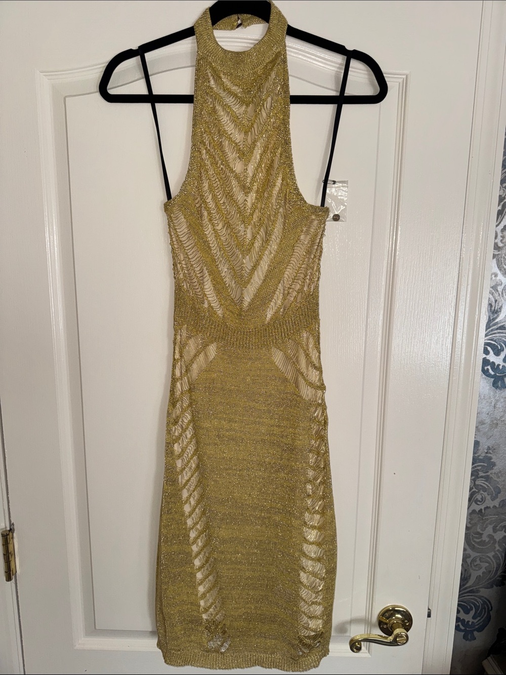 Vintage bebe Gold Metallic Halter Knit Mini Dress